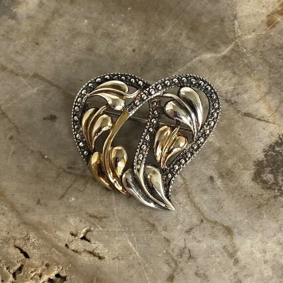 Sterling Silver 925 Mixed Metal Gold Vermeil Foliage Leaf Floral Heart Brooch - Picture 11 of 16